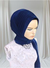 Resim Nuray hazır duvak Açık lacivert esnek kumaş tektek hazır duvak hazır şal hazır türban 