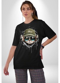 Resim Havalı Pilot Şapkalı Müzik Dinleyen Kedi Pamuklu Bisiklet Yaka Unisex Oversize Boyfriend Dijital Baskılı Siyah T-shirt Siyah 