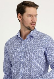 Resim Gök Mavisi Uzun Kol Slim Fit Dar Kesim Baskılı Pamuk Gömlek 