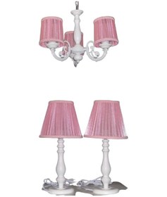 Resim 3 Lü Pembe Yatak Odası Avize Abajur Seti Beyaz Ahşap Ayaklı 