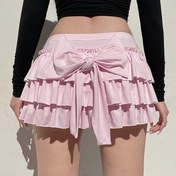 Resim Y2K tarzı tatlı kelebek bağcıklı mini etek kadınlar için - Sevimli düz renkli polyester A-Line etek katmanlı volan detaylı, tüm mevsimler için dokuma kumaş, 170g/m² - Düşük bel hip paten etek 