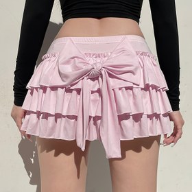Resim Y2K tarzı tatlı kelebek bağcıklı mini etek kadınlar için - Sevimli düz renkli polyester A-Line etek katmanlı volan detaylı, tüm mevsimler için dokuma kumaş, 170g/m² - Düşük bel hip paten etek 