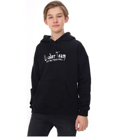 Resim Toontoy Erkek Çocuk Oversize Kapüşonlu Cepli Düşük Omuz Baskılı Sweatshirt - 2 İplik Siyah 