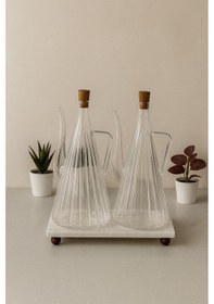 Resim Qerhome Mermer Stantlı 2'li Glazzy Çizgili Tasarım Yağlık & Sosluk 750 Ml Şeffaf 