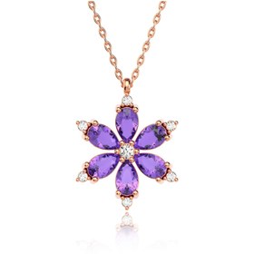 Resim Indigo Takı Ametist Taşlı Lotus Çiçeği Rose Gümüş Kolye 