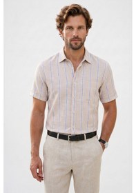 Resim Tudors Erkek Regular Fit Klasik Kesim Oversize %100 Pamuk Keten Doku Tek Cepli Çizgili Kısa Kollu Bej Gömlek-42419 