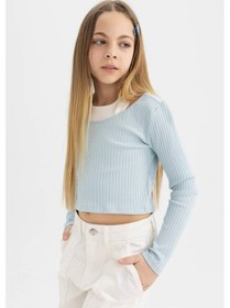 Resim Defacto Kız Çocuk Slim Fit Dar Kesim Bisiklet Yaka Fitilli Kaşkorse Uzun Kollu Tişört B7388A824SPBE506 Mavi 