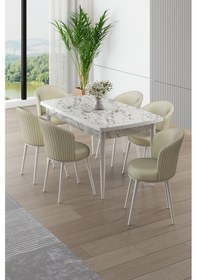 Resim Canisa Asfel Serisi Mdf 77x130 Beyaz Mermer Desen Yandan Açılabilir Mutfak Masa Takımı 6 Krem Sandalye Beyaz Mermer Masa Krem Sandalye 
