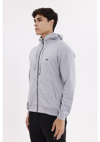 Resim Rowinger Raglan Kol Tam Fermuarlı Kordonlu Kapüşon Kanguru Cepli Süper Koton Rahat Kalıp Kapüşonlu Sweatshirt Grey 