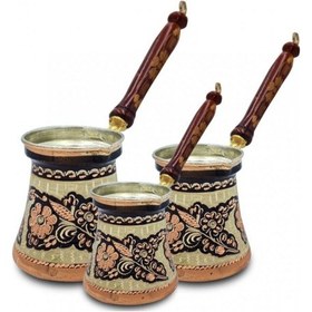 Resim Bakır Cezve Özel İşlemeli Kahve 3'lü Set 