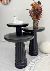 Resim AYLESA Ahşap 3’lü Set Mantar Yan Sehpa Modern Siyah Renk Fiskos Zigon Çiçeklik 