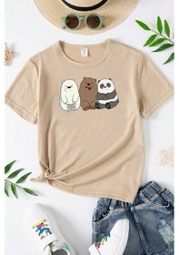 Resim Uyguntarz Çocuk Kafadar Ayılar Baskılı Pamuklu Tshirt Bej 