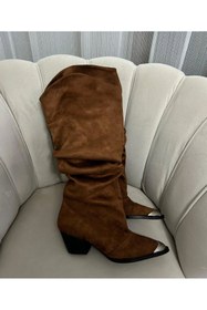 Resim Shoego Kadın Kahverengi Süet Metal Detaylı Western Diz Altı Çizme 