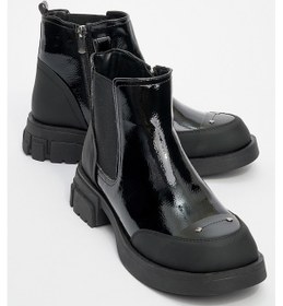 Resim Luvi Shoes Albia Siyah Rugan Fermuarlı Lastikli Kadın Bot Siyah Rugan 