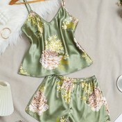 Resim Kadınların Zarif Çiçek Desenli İpek Pijama Takımı, V Yaka Kolsuz Üst & Şort, Rahat Rahat Kesim 