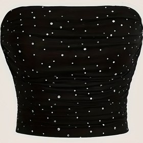 Resim Siyahtı Seksi Omuzdan Askılı Mikro Pop Üstü Puantiye Desenli - Hafif Polyester Karışımı, Makinede Yıkanabilir, İlkbahar, Yaz ve Sonbahar için Mükemmel, Sonbahar Akşam Kıyafeti | Kolsuz Moda | Parlak Bitiş 