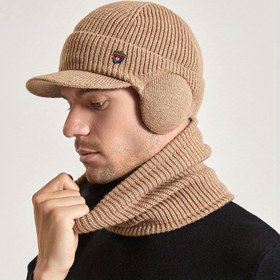 Resim Erkekler ve Kadınlar için Uygun Örgülü Şapkalı Peluş Polar Kışlık Sıcak Kulak Koruma Şapka Boyun Seti 