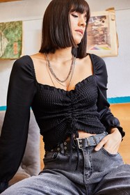 Resim Olalook Kadın Siyah Önü Büzgülü Gipeli Örme Bluz BLZ-19001183 