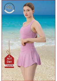 Resim Missmaral Kadın Alt-üst Takım Şort & Sabit Pedli Üst Crop Denizde Havuzda Sporda Swimsuit Lila Rengi Takım3107 Lila 