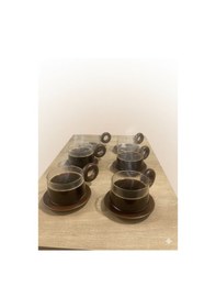 Resim Morponi Borosilikat Cam Akasya Saplı Çizgili Tasarmlı Ve Akasya Tabaklı Çay Kahve Fincanı 6'lı 250 Ml Şeffaf 