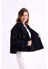 Resim Pastelastore %100 Pamuk Gabardin Astarlı Oversize Geniş Kalıp Kadın Crop Kısa Trençkot 1122 Siyah 