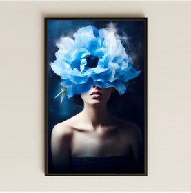 Resim Mavi Çiçekli Kadın Portresi Temalı Huzurlu Sanatsal Pleksi Tablo 