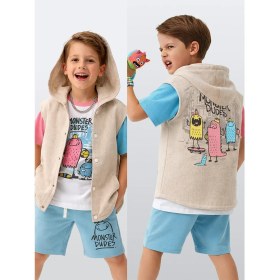 Resim Denokids Erkek Çocuk Kapüşonlu Yelek Keten Görünümlü Dokuma Kumaş Canavar Baskılı 
