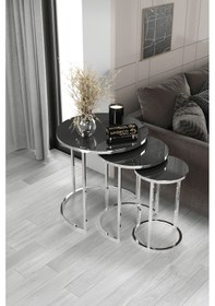 Resim 3'lü Zigon Sehpa Gümüş Ayak Füme Ayna 