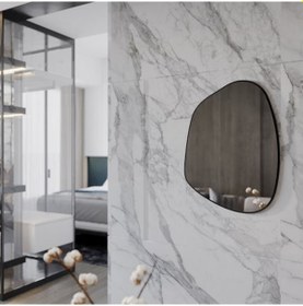 Resim 40x55 Cm Modern Asimetrik Banyo Aynası Siyah Çerçeveli Organik Şekilli Duvar Aynası Siyah 