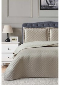 Resim Parma Çift Kişilik Lüks Kadife 240x260 Cm Yatak Örtüsü Bej Bej 