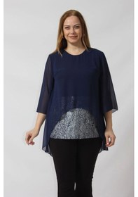 Resim Moda Berray 4048 Şifon -simli Dantel Kombinli Büyük Beden Bluz Lacivert Lacivert 