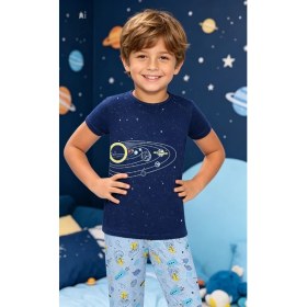 Resim NiCe İç Giyim Uzay Temalı Lacivert & Açık Mavi Renk Bisiklet Yaka Pamuk Penye Erkek Çocuk Pijama Takım 
