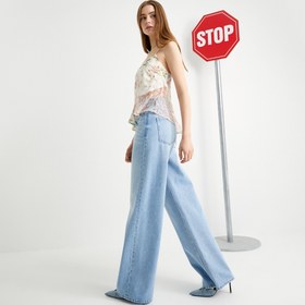 Resim Bol Paça Kot Pantolon Standart Bel Cepli Pamuklu - Bianca Wide Leg Jeans 