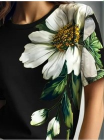 Resim Reka Moda Kadın Kısa Kollu Bisiklet Yaka Çiçek Baskılı Süprem Bluz Siyah 