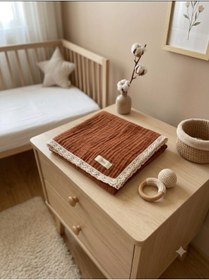 Resim NOİSY TEKSTİL Kiremit 3 Katlı Dantelli %100 Pamuk Müslin Battaniye & Müslin Örtü 100x100cm 
