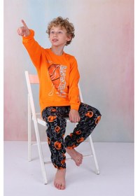 Resim Yeni Sezon Erkek Çocuk Gez Garson Basketball Uzun Kollu Pamuk İnterlok Pijama Takımı 5154-turuncu Turuncu 