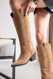 Resim FSKOMBİN Hermoso Camel Süet Hakiki Deri Kadın Western Topuklu Çizme 