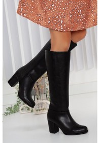 Resim Dilimler Ayakkabı Siyah Kadın Büyük Küçük Numara Topuklu Çizme-1379-Siyah 