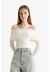 Resim Defacto Coool Slim Fit Dar Kesim Açık Omuz Triko Kazak B6537ax25wner105 Ekru 