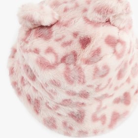 Resim Kız Çocuk Leopar Desenli Kulak Aplikeli Peluş Bucket Şapka 