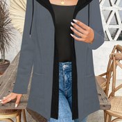 Resim Kadınlar için Günlük Kullanıma Uygun Renk Bloklu Kapüşonlu Hırka - Siyah & Gri İki Ton Açık Ön Uzun Kollu Kazak, Makinede Yıkanabilir Sonbahar/Kış Süveteri 