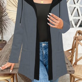 Resim Kadınlar için Günlük Kullanıma Uygun Renk Bloklu Kapüşonlu Hırka - Siyah & Gri İki Ton Açık Ön Uzun Kollu Kazak, Makinede Yıkanabilir Sonbahar/Kış Süveteri 