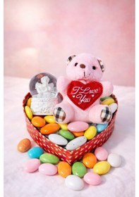 Resim Sevgililer Günü Kalp Kutulu Romantik Hediye Seti Ayıcıklı & Kar Küresi & Draje Çikolata 