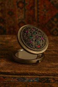 Resim Makyaj Aynası Vintage İşlemeli Taşlı Metal Çift Taraflı Cep Aynası - Hediyelik Çanta İçi Taşınabilir Ayna 