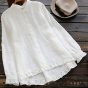 Resim Kadınlar için Hafif Kahverengi Bol Kesim Düğmeli Bluz, Volanlı Hem ve Yaka - Bahar/Sonbahar için Rahat Uzun Kollu Gömlek, Tüm Mevsimler için Çok Yönlü Üst, Bayanlar Bluzları 