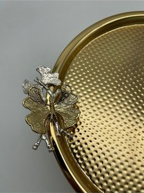 Resim Ayaklı Gold Yuvarlak Metal Çay Ve Kahve Servis Sunum Tepsisi 