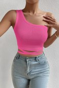 Resim MADALİNA Kadın Fuşya Tek Omuz Arkadan Bağlamalı Crop Top Bluz 