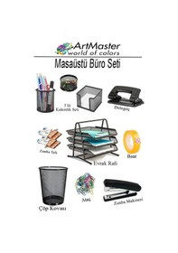 Resim Masaüstü Büro Seti Metal Siyah 8 Parça Kalemlik Evrak Rafı 3 Lü Delgeç Zımba Makinesi Notluk Çöp Kovası Ataç Siyah 