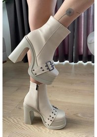 Resim Kadın Krem Cilt Toka Detaylı 12 Cm Platform Topuklu Fermuarlı Bot Krem 