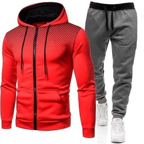 Resim Nokta Baskılı Fermuarlı Kapüşonlu Sweatshirt Takımı Erkek Spor Sweatshirt Ve Eşofmanı Kırmızı, Koyu Gri Ve Siyah Bel Pantolonu 